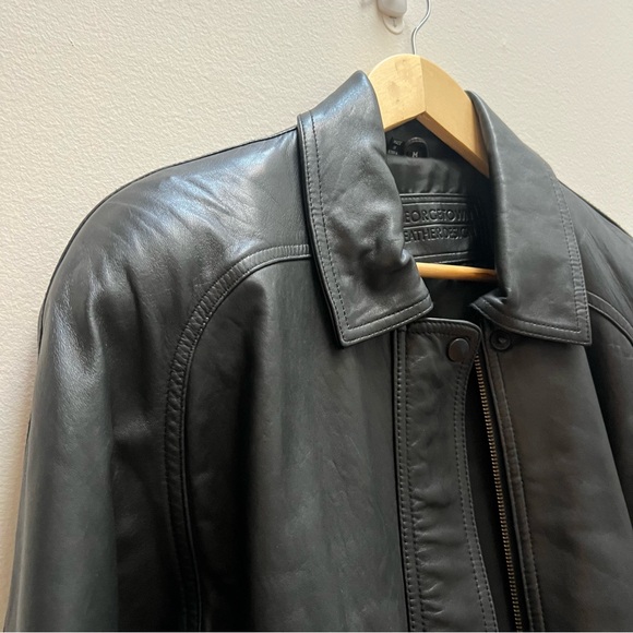 Black Leather Bomber Oversized Jacket - Picture 4 of 7